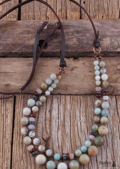 Boho Necklace, RH Precious Natural Stones Links with Leather
